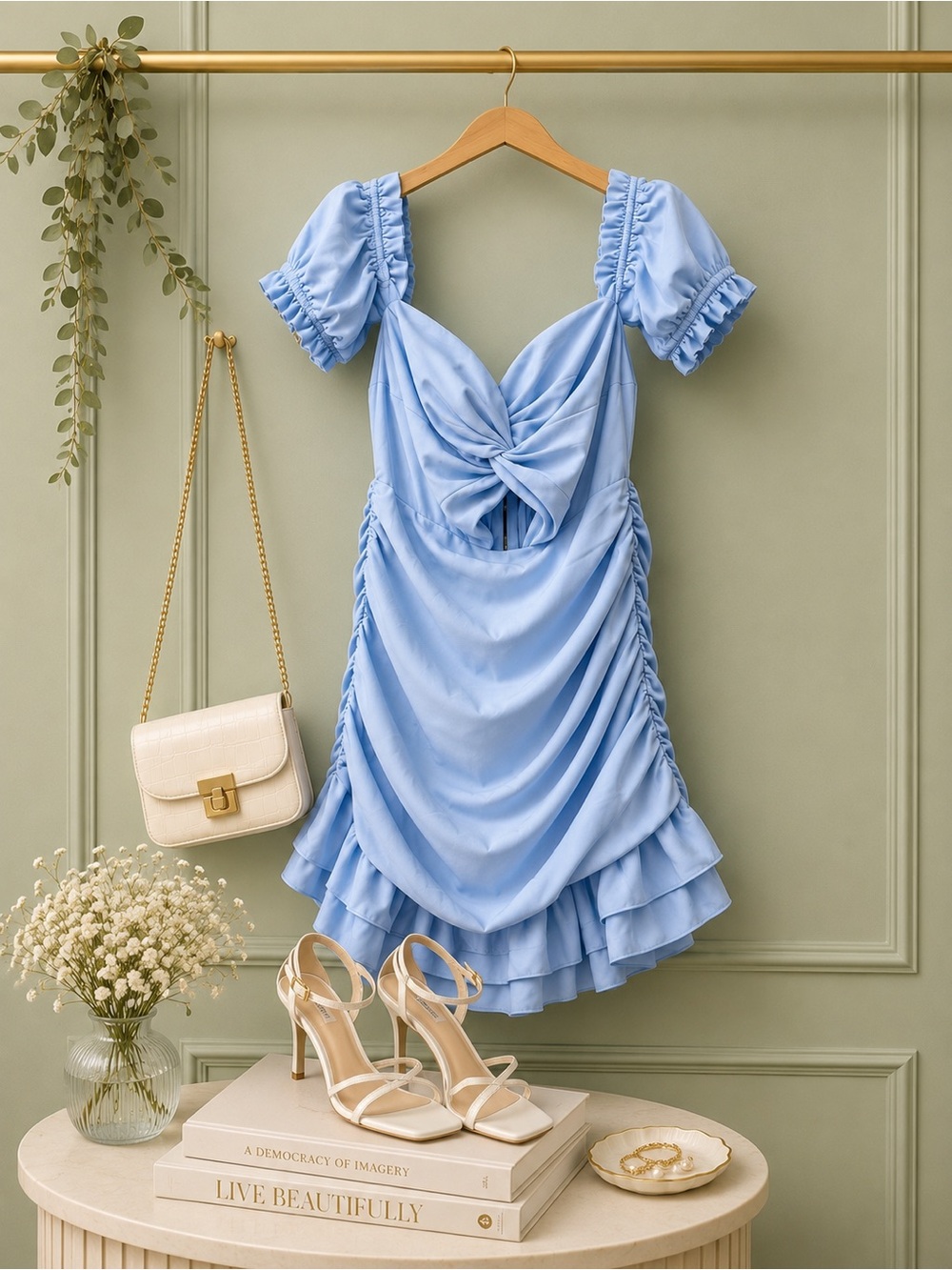 Powder Blue Ruched Mini Dress - Picture 2 of 6